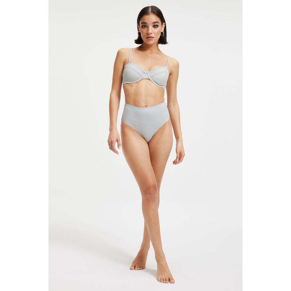 Good American Silver Sparkle Demi Cup Bikini Top and Swim Brief Set Size 0